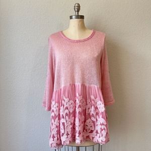 BELLE FRANCE Wool Blend Semi-Sheer Mini Sweater Dress w Sequin Pink